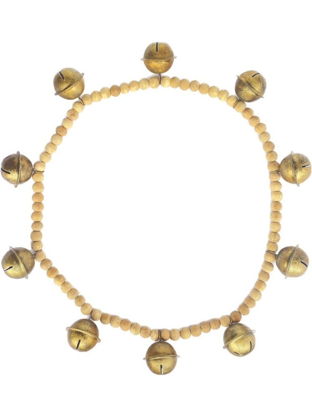 Wood Bead & Metal Bell Garland - Rustic Home Decor, Natural & Antique Gold